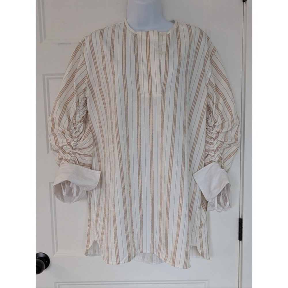 By Malene Birger Striped Ruched Sleeve Cotton Tunic Blouse White Tan Small 36 - Picture 2 of 13